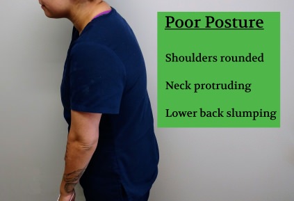 Image depicting poor posture, with rounded shoulders, protruding neck and slumping lower back